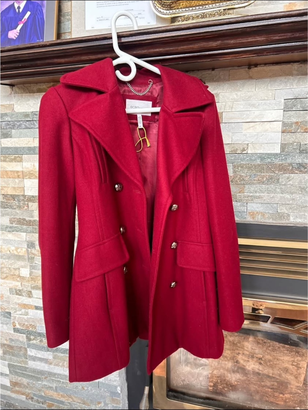 BCBG Vibrant Red Double-Breasted Wool Peacoat